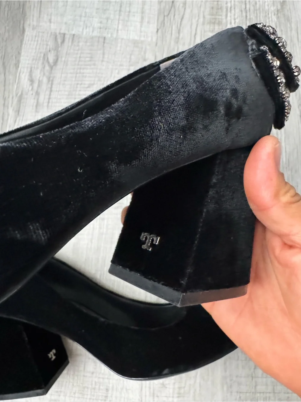 Tory Burch Black Velvet Block Heel Pumps with Crystal Embellishment